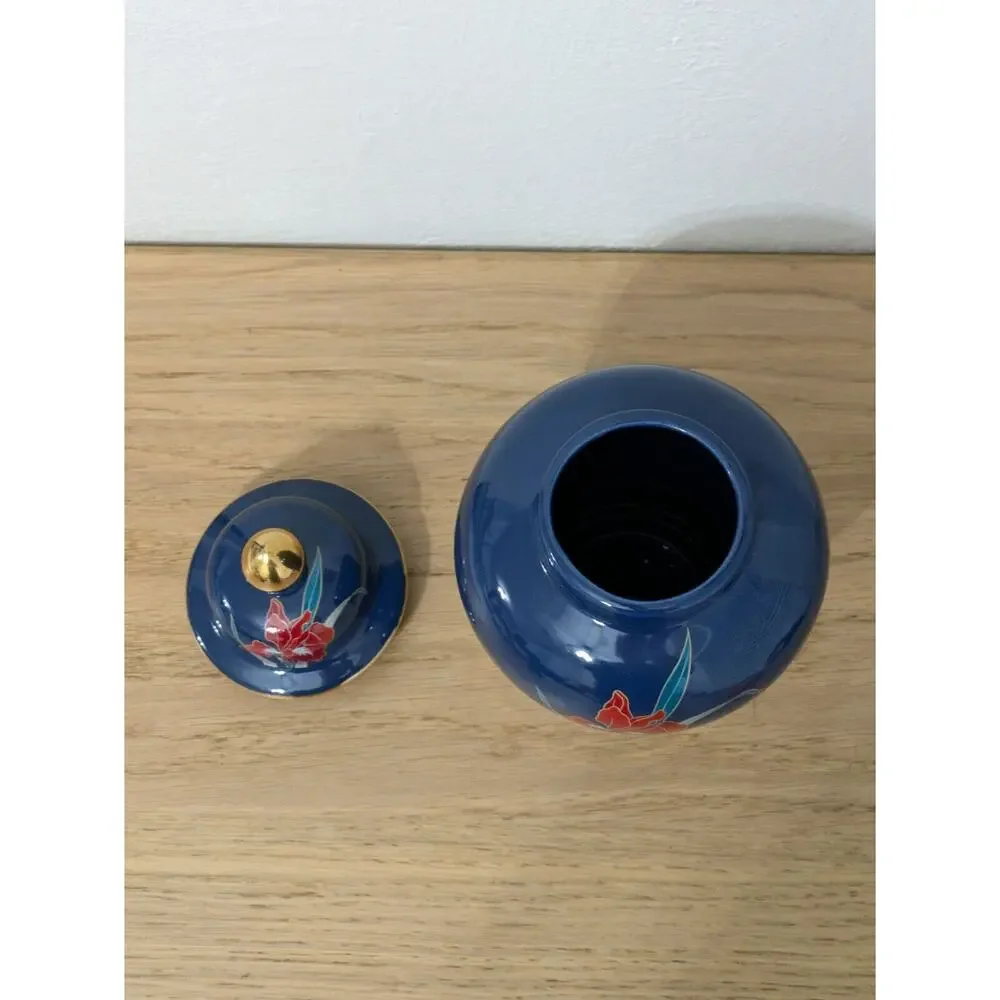 Vintage Japan Vase with Lid Floral Blue &‎ Gold Porcelain Fine China Decor